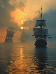 Obraz premium Historic sailing ships in misty sunset. Tranquil ocean scene with majestic vessels and vibrant, dramatic sky reflections.