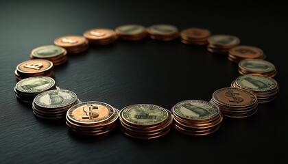 Pay day banner, dollar bills and coins arranged in a circle, payday celebration, 3D illustration