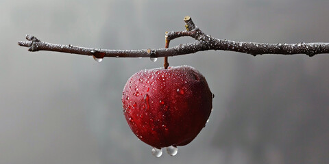 A beautiful red apple hangs from a tree branch The Apple is wet from the rain and the water droplets are glistening in the sunlight
