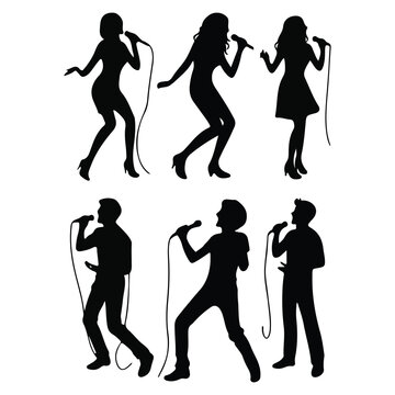 Singer silhouette, sing music. Pop, country music, rock stars and hiphop rapper artist vocalists.	