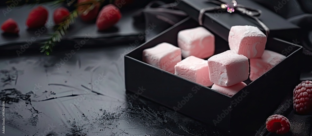 Poster delicate berry marshmallows zephyr placed in front of a box of treats on a dark table. copy space im