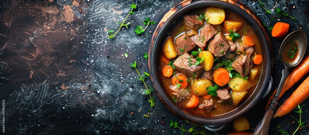 Aufkleber beef stew with potatoes and carrots focused attention. copy space image. place for adding text and d
