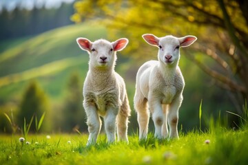 Fototapeta premium a photo image of a charming rural landscape with a pair of adorable white lambs grazing peacefully in a green meadow.