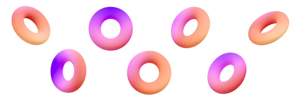 3d set of holographic geometric shape torus. Metal simple figure for your design. Stock vector illustration on isolated background.	