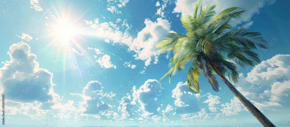 Poster bright daylight shining on a palm tree set against a blue sky and white clouds creating a tropical n