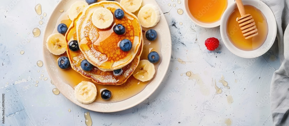 Poster buttermilk pancakes topped with banana blueberries and honey on a concrete surface top view with cop