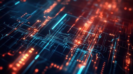Fototapeta premium A tech background for presentations featuring abstract digital elements like lines, circuits, and binary code on a sleek, dark background