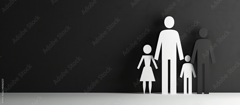 Aufkleber symbol of a person and a family created from black and white paper interracial family area for text 