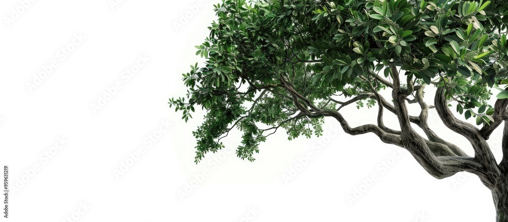 Wall mural A tropical tree with leaf branches on a white isolated background for a green foliage backdrop. Copy space image. Place for adding text and design