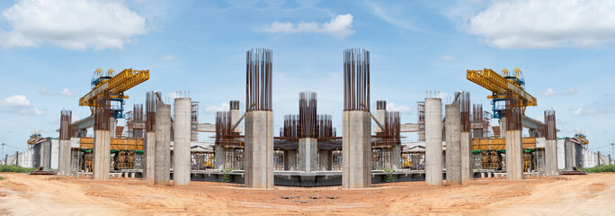 Panorama aerial view of Concrete bridge pillars of the bridge in China high speed train from...