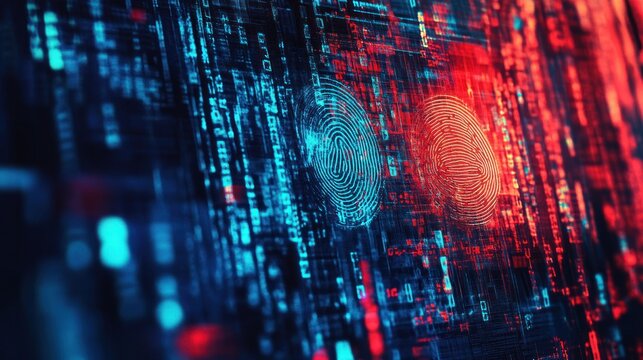 An abstract design for digital forensic science, showing layers of data encryption and digital fingerprint scanning