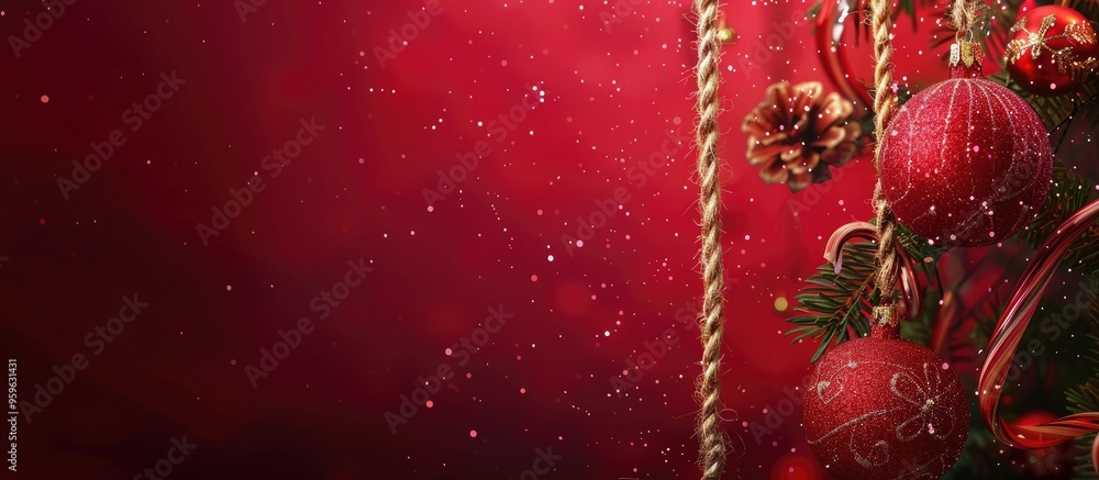 Poster christmas decorations hanging on a rope with a red background. copy space image. place for adding te