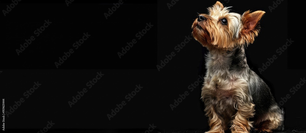 Poster a sitting yorkshire terrier gazing to the side isolated on a black background. copy space image. pla