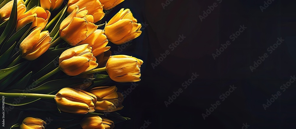 Poster yellow tulips bouquet petals space for text. copy space image. place for adding text and design