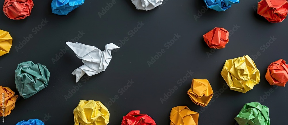 Poster colored crumpled paper balls and a white origami dove on a black background. copy space image. place