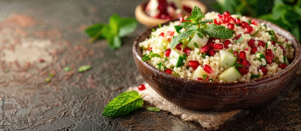 Poster couscous salad with pomegranate mint and cucumbers nutritious homemade dish vegan option. copy space
