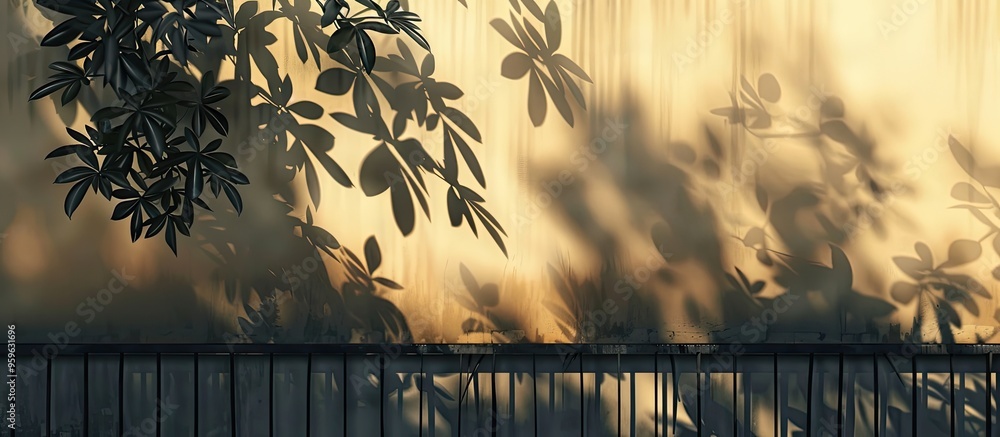 Poster shadows of plants and a fence on the wall abstract background area for text. copy space image. place