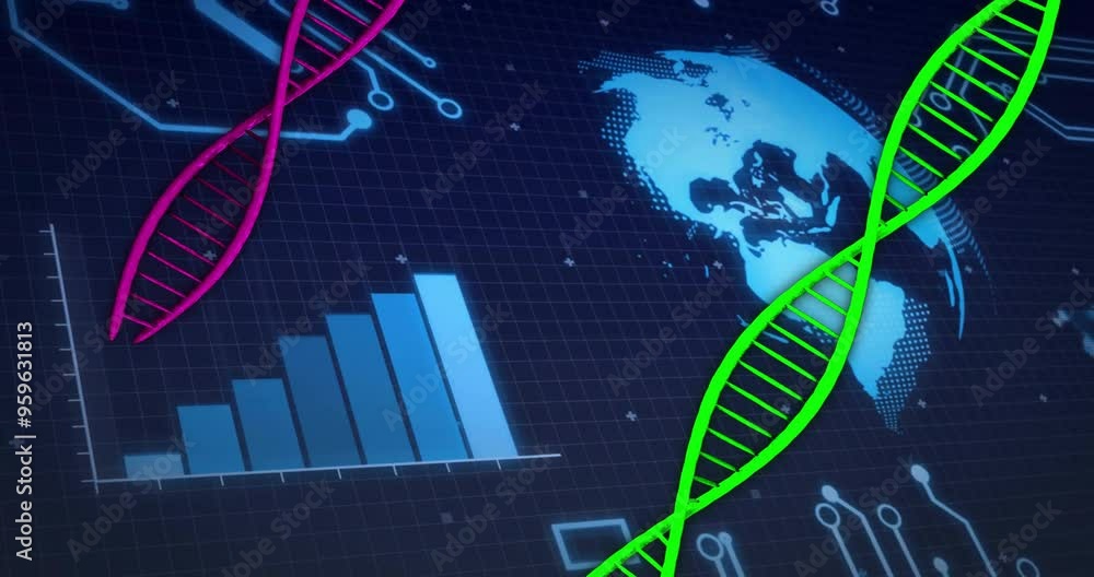 Aufkleber dna strands and data charts animation over world map background