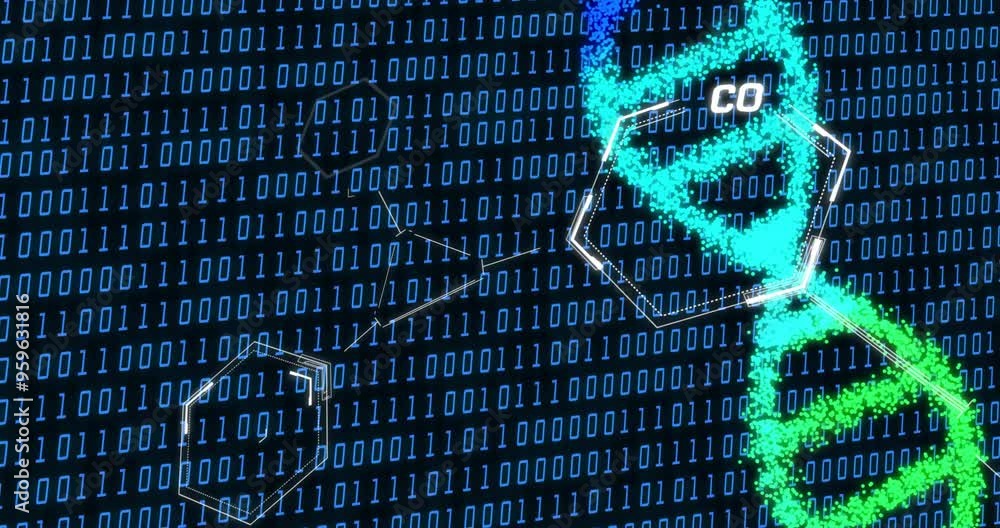 Poster chemical structure and binary code, data processing animation