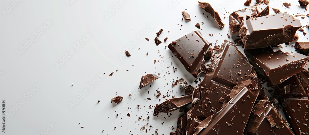 Poster separated chocolate pieces. copy space image. place for adding text and design
