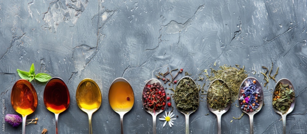 Aufkleber various types of tea in spoons on a gray stone surface. copy space image. place for adding text and 