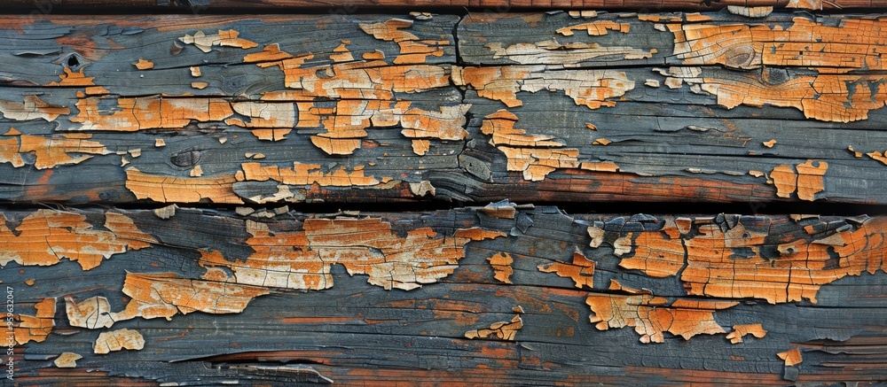 Poster close up of aged wooden boards with flaking paint textured surface background. copy space image. pla