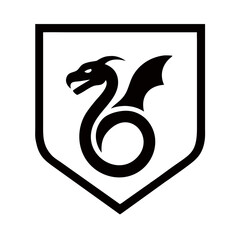 Naklejka premium Dragon emblem in shield outline, black and white, fantasy concept