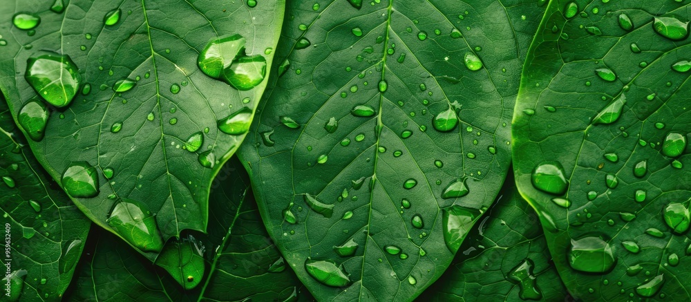 Poster green leaf surface with water droplets. copy space image. place for adding text and design