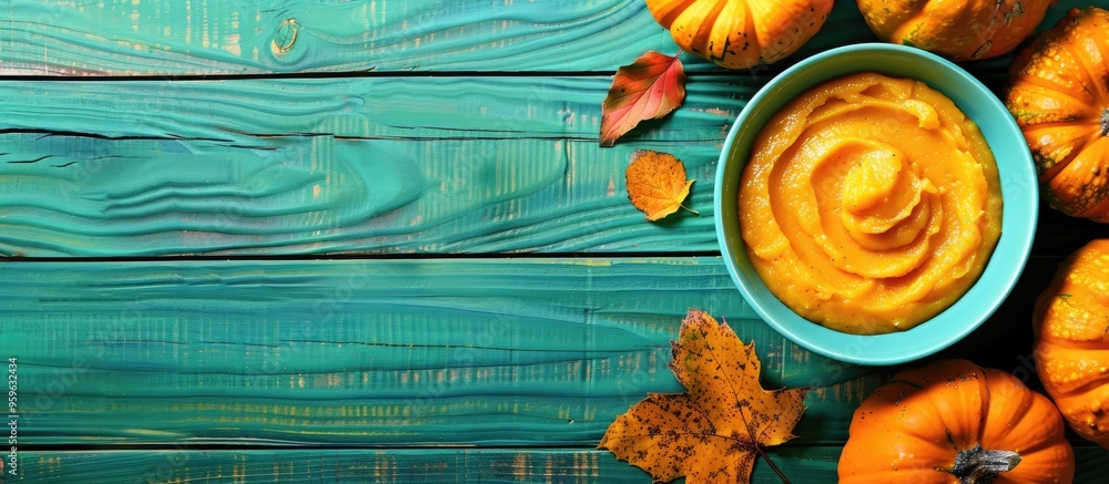 Aufkleber delicious pumpkin pudding on a green wooden surface with room for text. copy space image. place for 
