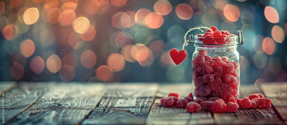 Poster a jar of heart shaped valentine s candy spilling onto a rustic wooden table with a heart bokeh backg