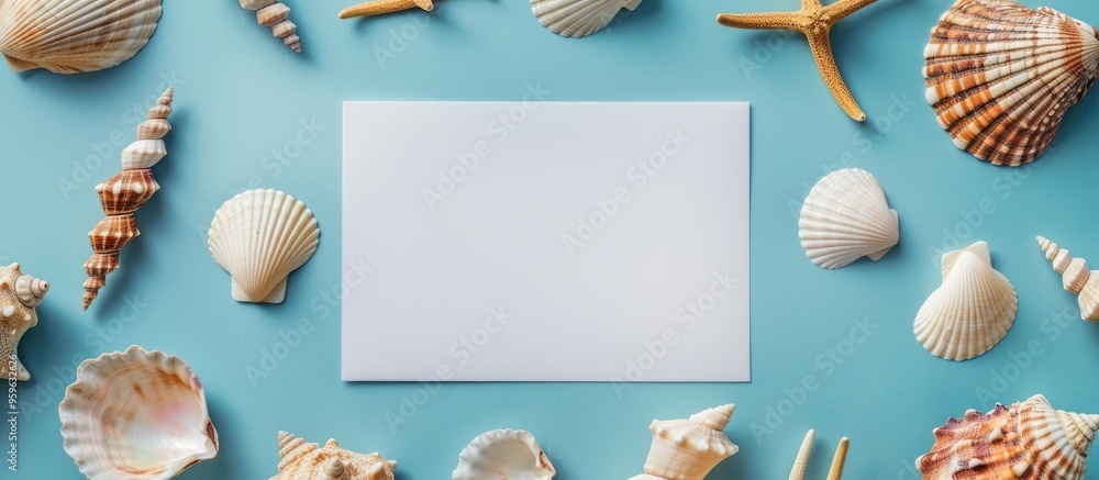 Poster summer concept featuring a blank greeting card and white paper on a colored background seashells fro