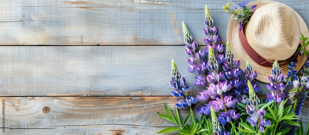 Aufkleber lupine flowers and summer accessories arranged on a wooden surface. copy space image. place for addi