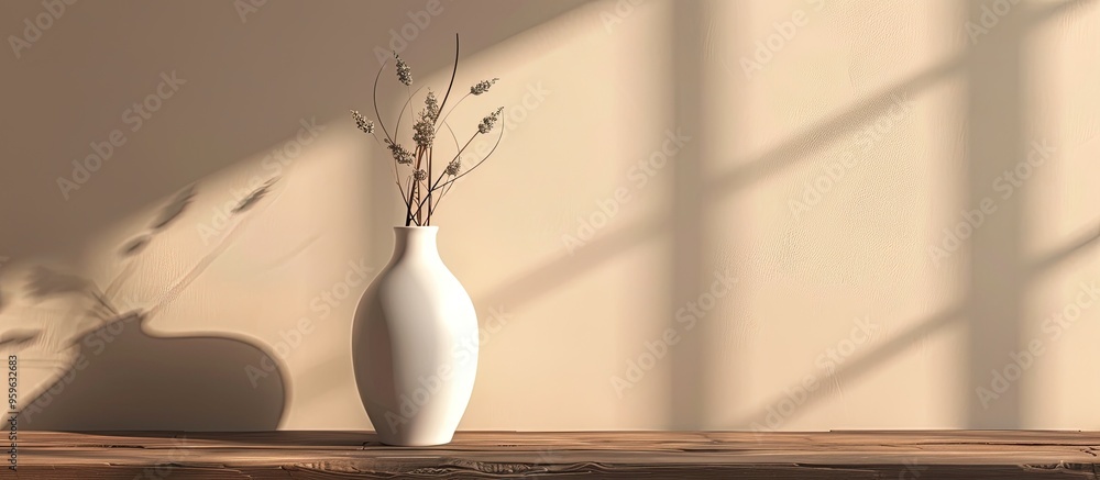 Poster white ceramic vase on a brown wooden table with a beige wall in the background. copy space image. pl