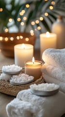 Cozy spa evening with candles and bath salts