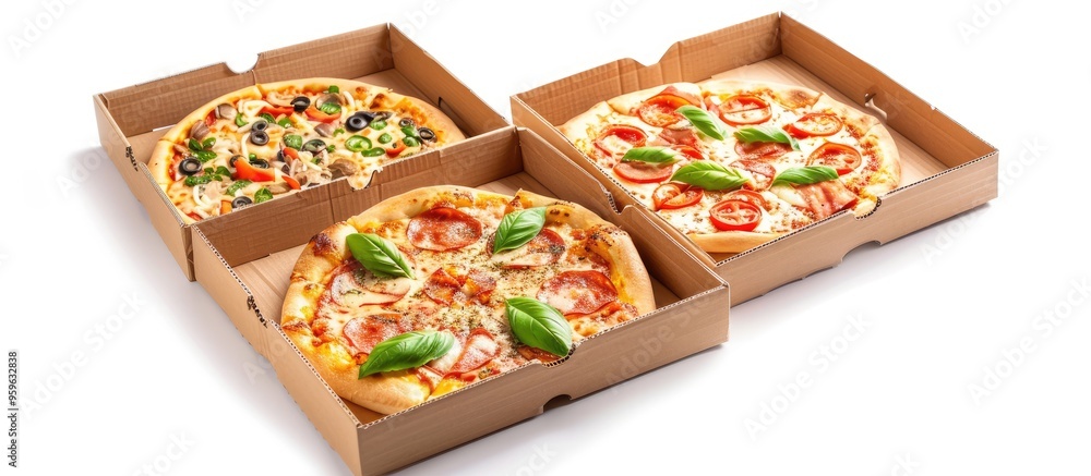 Poster pizza boxes set against a white background. copy space image. place for adding text and design