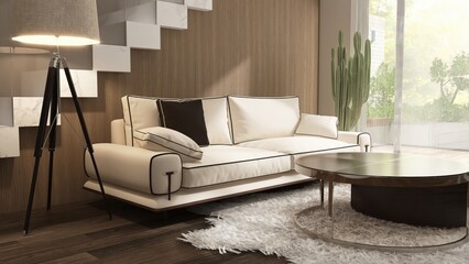 Luxury, minimal brown living room with cream sofa, wooden coffee table, lamp, cactus tree by stair in sunlight from sliding door for elegant interior design decoration, product background 3D