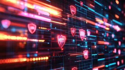 Fototapeta premium An illustration of a digital firewall with layers of glowing grids and shield icons, representing cybersecurity defense