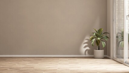 Empty beige brown wall, herringbone tile floor in living room with tropical plant in sunlight from sliding door to balcony for luxury interior design decoration, product background 3D