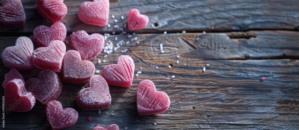 Poster close up of heart shaped sweets on a wooden background. copy space image. place for adding text and 