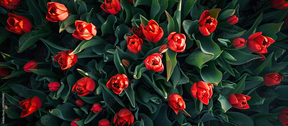 Poster view from above of red tulips with copy space