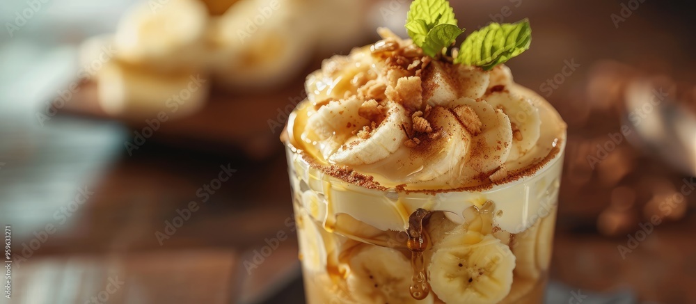 Poster banana rum dessert. copy space image. place for adding text and design