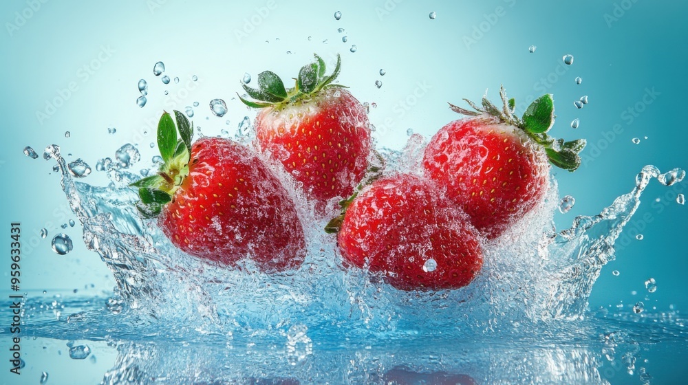 Poster vibrant frozen strawberries splashing into ice cold water creating refreshing splash