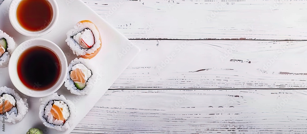 Poster sushi roll tea and soy sauce on a white wooden surface traditional japanese cuisine top view rustic 