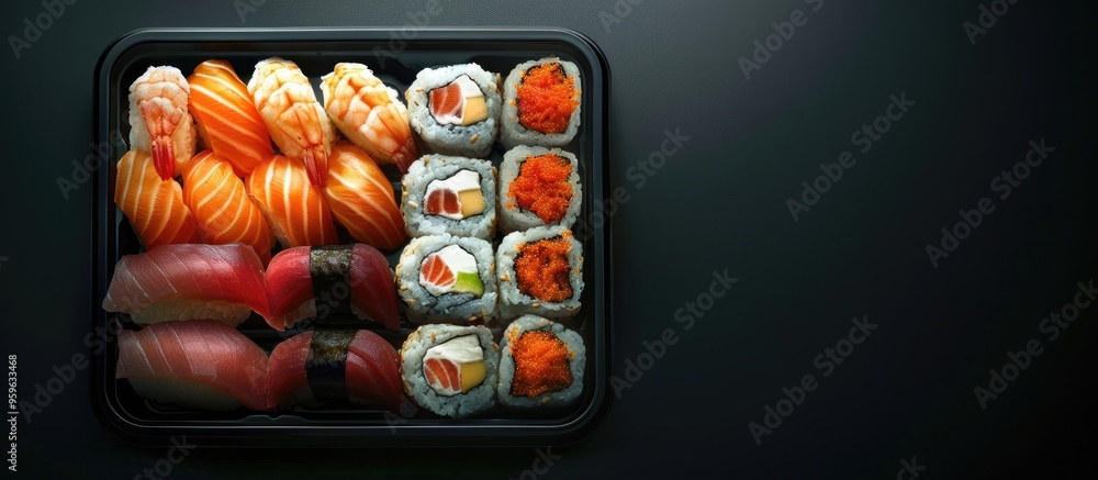 Poster a photo displaying an assortment of sushi types neatly arranged and packed in a container. copy spac