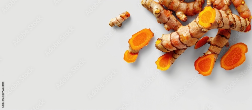 Poster close up of a bunch of fresh whole and sliced turmeric isolated on a white background. copy space im