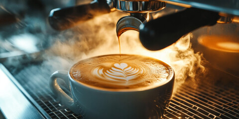 Latte with foam art under espresso machine