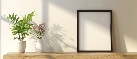 Stylish room interior featuring a mockup photo frame on a wooden shelf alongside a house plant. Copy space image. Place for adding text and design