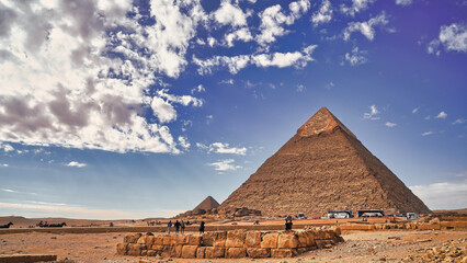 Wide angle view of the Great Pyramid of Khafre, a wonder of the world, with the Great Pyramid of...