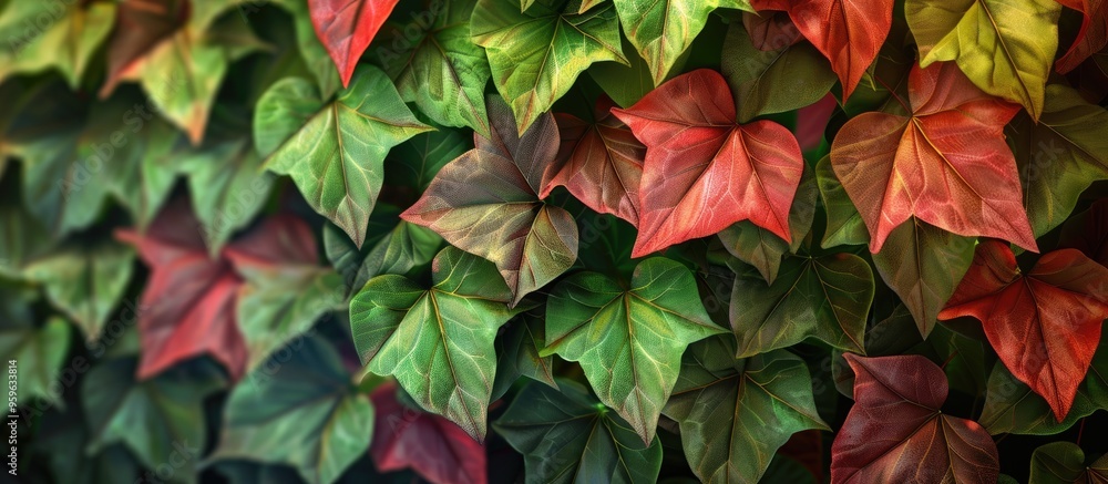 Poster close up of green and red ivy leaves. copy space image. place for adding text and design