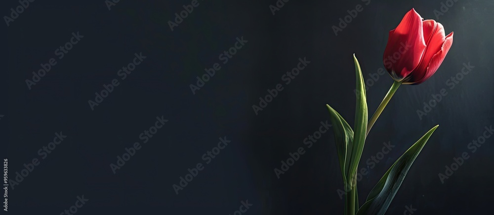 Poster red tulip against a black background. copy space image. place for adding text and design